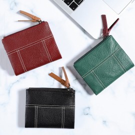 Women Genuine Leather Bifold Hasp Zipper Short Multi-Card Slots Coin Purse Money Clip Wallet