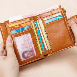 Women Genuine Leather Bifold Short RRFID Anti-magnetic Wallet 17 Card Slot Card Case Coin Purse