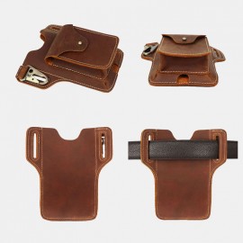 Men Genuine Leather Multifunction Keychain Sport Waist Bag Retro 6.5 Inch Phone Bag Waterproof Belt Bag