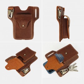 Men Genuine Leather Multifunction Keychain Sport Waist Bag Retro 6.5 Inch Phone Bag Waterproof Belt Bag