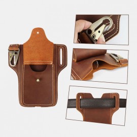 Men Genuine Leather Multifunction Keychain Sport Waist Bag Retro 6.5 Inch Phone Bag Waterproof Belt Bag