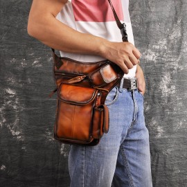 Men Genuine Leather Multi-Carry Retro 7 Inch Phone Camera Outdoor Waist Bag Crossbody Bag