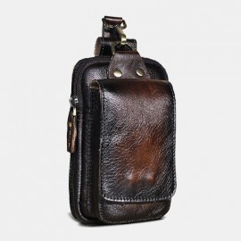 Men Retro Double Layer 6.3 Inch Phone Bag Waist Bag Matte Soft First Layer Cowhide Belt Bag