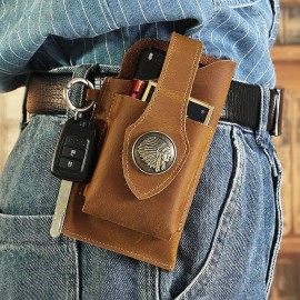 Men First Layer Cowhide Wear Resistant Clasp Waist Bag Retro 6.5 Inch Phone Bag Belt Bag