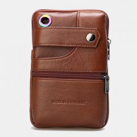 Men Genuine Leather Retro Business Double Layers 6.5 Inch Phone Bag Waist Bag With Belt Loop