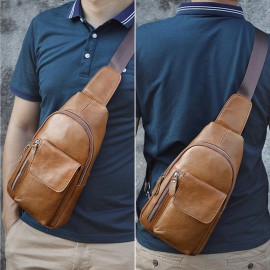 Men Genuine Leather Soft Waterproof Chest Bag Outdoor Sport Retro Large Capacity Crossbody Bags Shoulder Bag