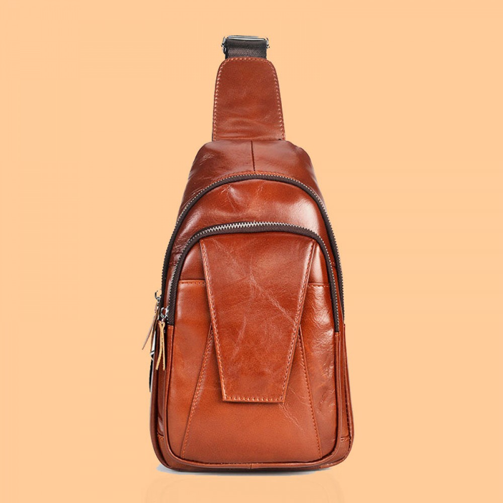 Men Genuine Leather Back Anti-theft Zipper Pocket Chest Bag Fashion Casual Wear-resistant Crossbody Bag Shoulder Bag