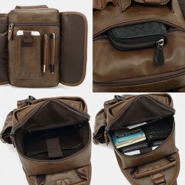 Men PU Leather Vintage Multifunction Earphone Hole USB Charging Crossbody Bag Chest Bag Sling Bag