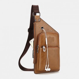 Men Retro PU Leather Headphone Hole Design Chest Bag Multi-pocket Waterproof Zipper Crossbody Bag Shoulder Bag