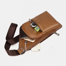 Men Retro PU Leather Headphone Hole Design Chest Bag Multi-pocket Waterproof Zipper Crossbody Bag Shoulder Bag