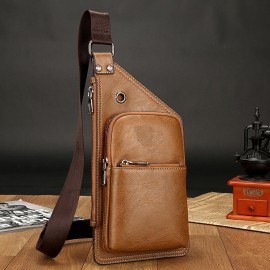 Men Retro PU Leather Headphone Hole Design Chest Bag Multi-pocket Waterproof Zipper Crossbody Bag Shoulder Bag