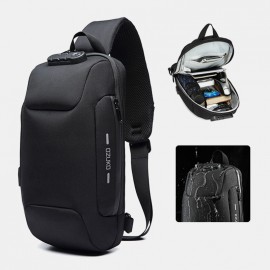 Men Oxford Password Lock Anti-theft Waterproof Reflective Design Crossbody Bag Multi-compartments USB Charging Chest Bag