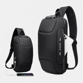 Men Oxford Password Lock Anti-theft Waterproof Reflective Design Crossbody Bag Multi-compartments USB Charging Chest Bag