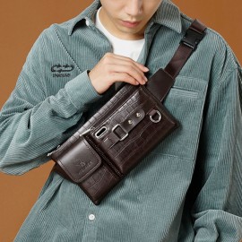 Men PU Leather Multi-pocket Wear Resistant Chest Bag Waist Bag Headphone Hole Design 6.5 Inch Phone Bag Crossbody Bags