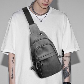 Men Solid Color Headphone Hole Design Multi-pocket Chest Bag Casual Outdoor PU Soft Leather Wear Resistant Crossbody Bags Shoulder Bag