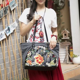 Women Canvas Ethnic Style Embroidered Floral Large Capacity Handbag Shoulder Bag Tote