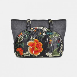 Women Canvas Ethnic Style Embroidered Floral Large Capacity Handbag Shoulder Bag Tote