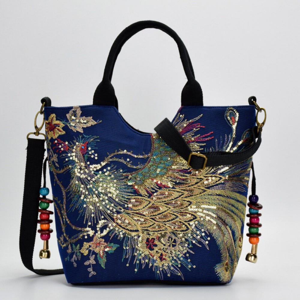 Women Canvas Embroidery Peacock Pattern Ethnic Style Multi-carry Handbag Crossbody Bag Shoulder Bag