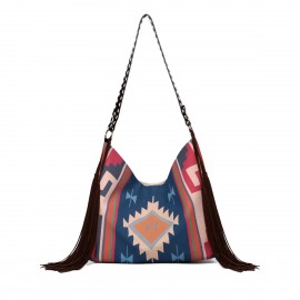 Women Felt Vintage Geometry Pattern Large Capacity Shoulder Bag Tote Handbag With Tassel