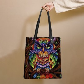 Color Owl Print Pattern Leather Tote Bag Sticker Shoulder Bag Handbag Tote With Built-in Small Bag