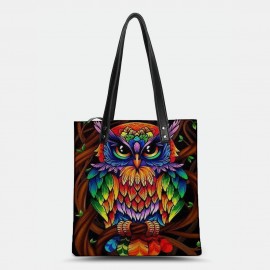 Color Owl Print Pattern Leather Tote Bag Sticker Shoulder Bag Handbag Tote With Built-in Small Bag