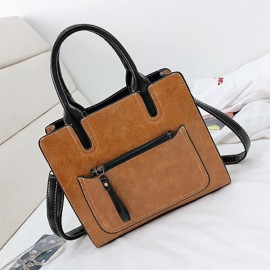 Women PU Leather Tote Handbag Retro Solid Leisure Crossbody Bag