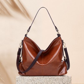 Women Faux Leather Retro Fashion Large Wax Leather Capacity Handbag Shoulder Bag Tote