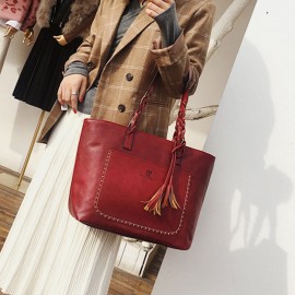 Women Tassel Decoration Tote Large Capacity Woven Handle Handbags Shoulder Bag