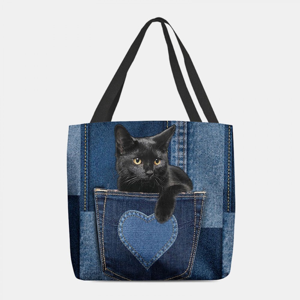 Women Felt Cute 3D Three-dimensional Black Cat Inside Jeans Pattern Shoulder Bag Handbag Tote