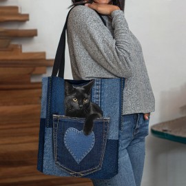 Women Felt Cute 3D Three-dimensional Black Cat Inside Jeans Pattern Shoulder Bag Handbag Tote