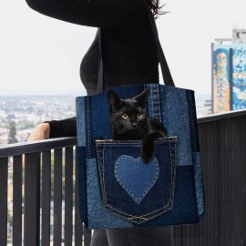 Women Felt Cute 3D Three-dimensional Black Cat Inside Jeans Pattern Shoulder Bag Handbag Tote